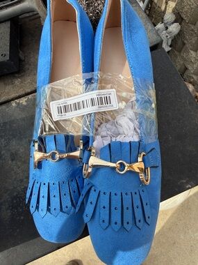 Blue Suede Fringe Loafers with Gold Hardware